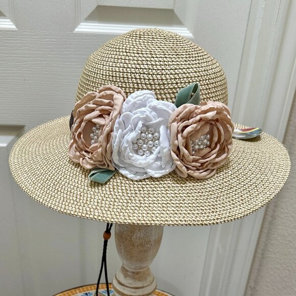 Elegant Women's Tweed Sun Hat With Satin Flowers And Pearls Special Event (NEW) - Picture 8 of 14